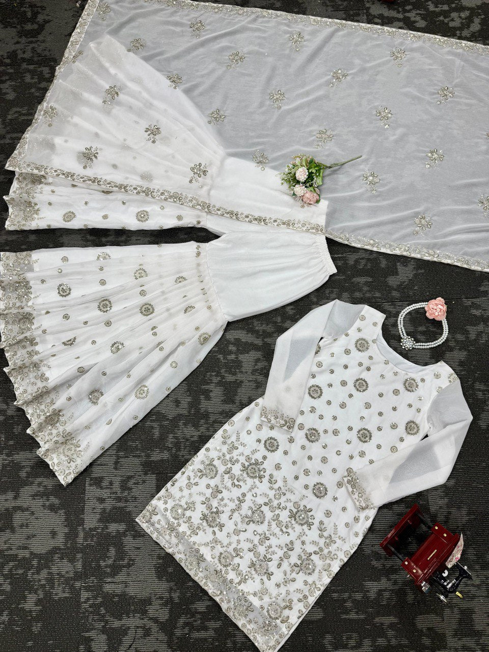 Party Wear White Star Georgette Thread With Sequence Work Sharara Suit