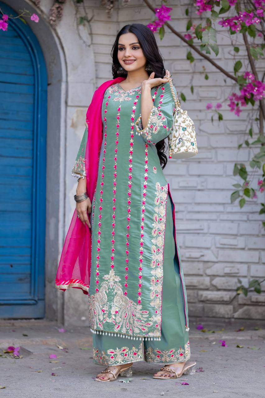 Exclusive Sky Green Color Heavy Chine Stitch Work With Full Heavy Fancy Hand Work Palazoo Suit