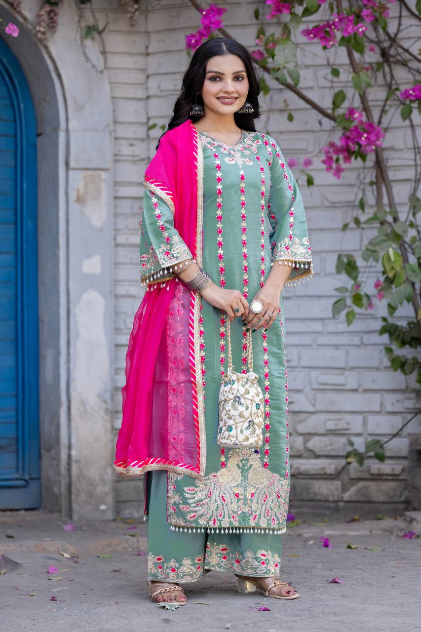 Exclusive Sky Green Color Heavy Chine Stitch Work With Full Heavy Fancy Hand Work Palazoo Suit