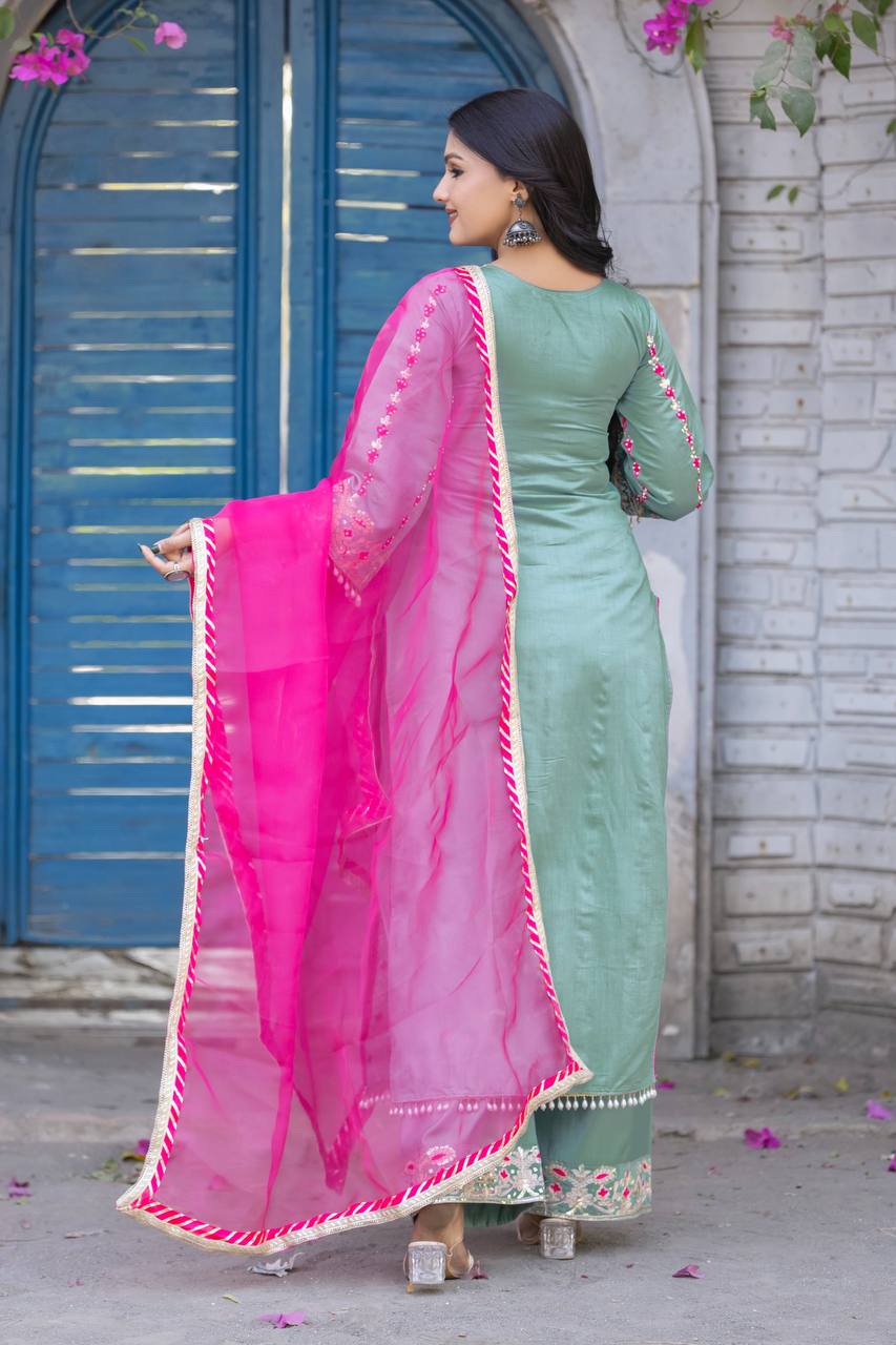 Exclusive Sky Green Color Heavy Chine Stitch Work With Full Heavy Fancy Hand Work Palazoo Suit