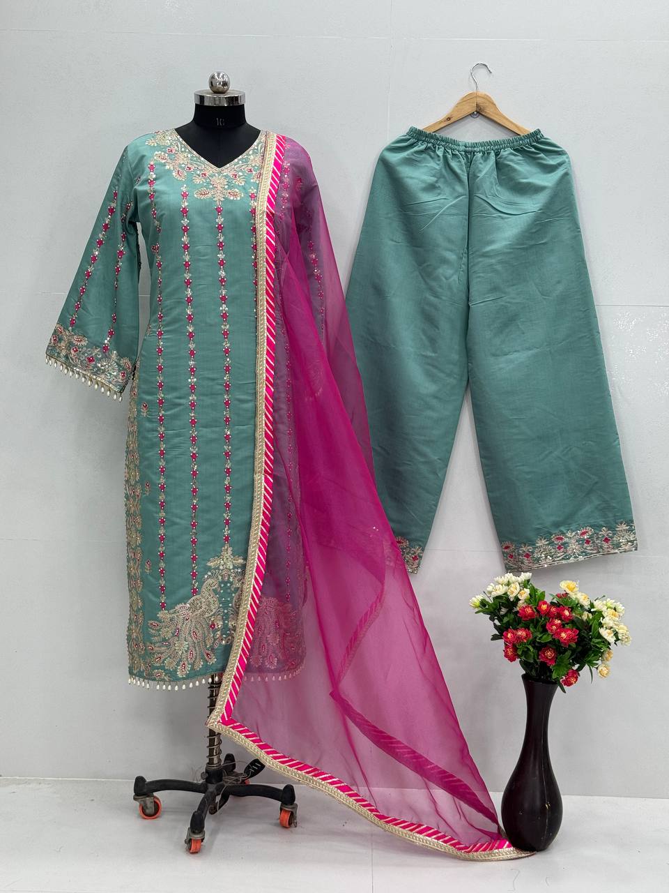 Exclusive Sky Green Color Heavy Chine Stitch Work With Full Heavy Fancy Hand Work Palazoo Suit