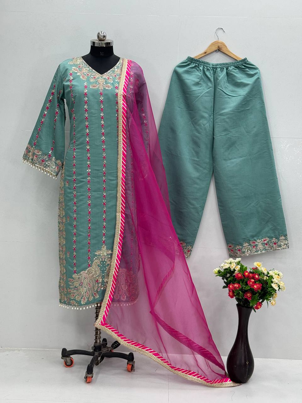 Exclusive Sky Green Color Heavy Chine Stitch Work With Full Heavy Fancy Hand Work Palazoo Suit