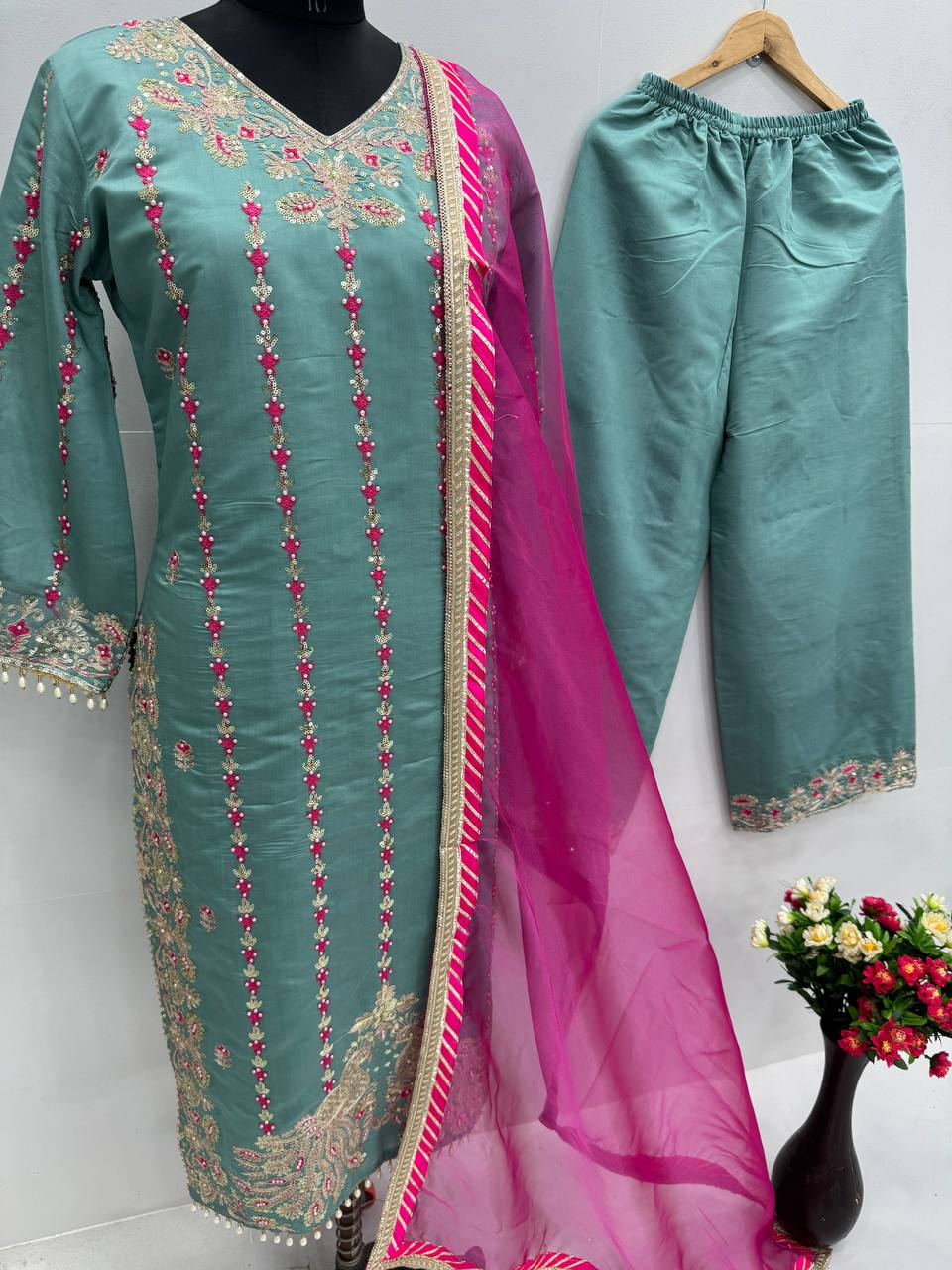 Exclusive Sky Green Color Heavy Chine Stitch Work With Full Heavy Fancy Hand Work Palazoo Suit