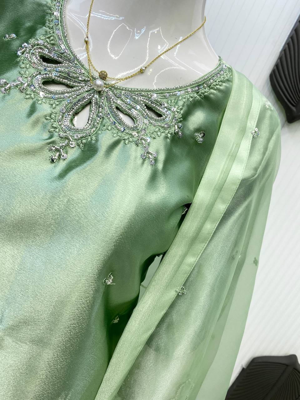 Outstanding Pista Green Color Embroidery With Beads And Sequence Work Salwar Suit