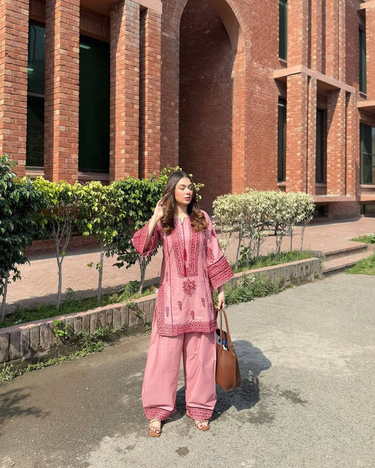 Fancy Baby Pink Color Heavy Cotton Heavy Embroidery Work With Hand Work Co-ord Palazzo Suit