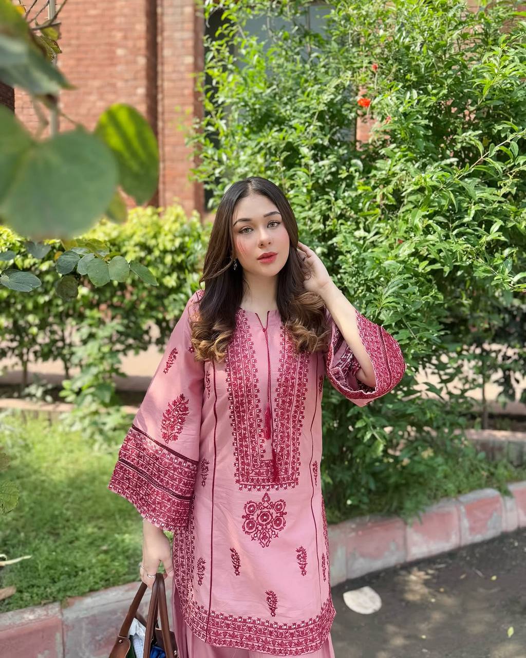 Fancy Baby Pink Color Heavy Cotton Heavy Embroidery Work With Hand Work Co-ord Palazzo Suit