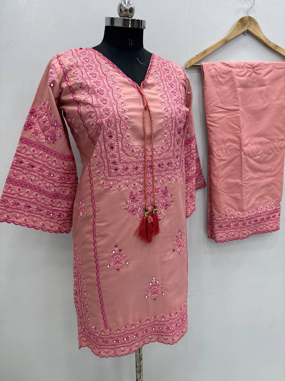 Fancy Baby Pink Color Heavy Cotton Heavy Embroidery Work With Hand Work Co-ord Palazzo Suit
