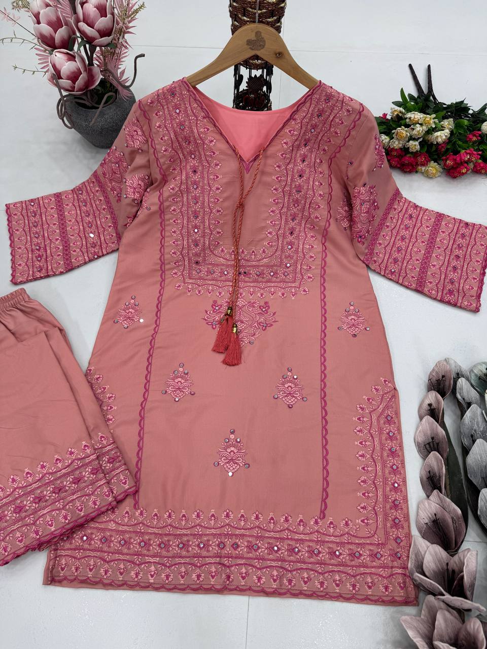 Fancy Baby Pink Color Heavy Cotton Heavy Embroidery Work With Hand Work Co-ord Palazzo Suit