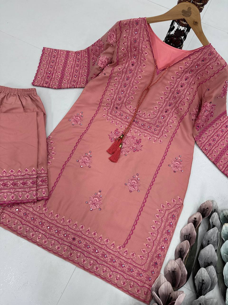 Fancy Baby Pink Color Heavy Cotton Heavy Embroidery Work With Hand Work Co-ord Palazzo Suit