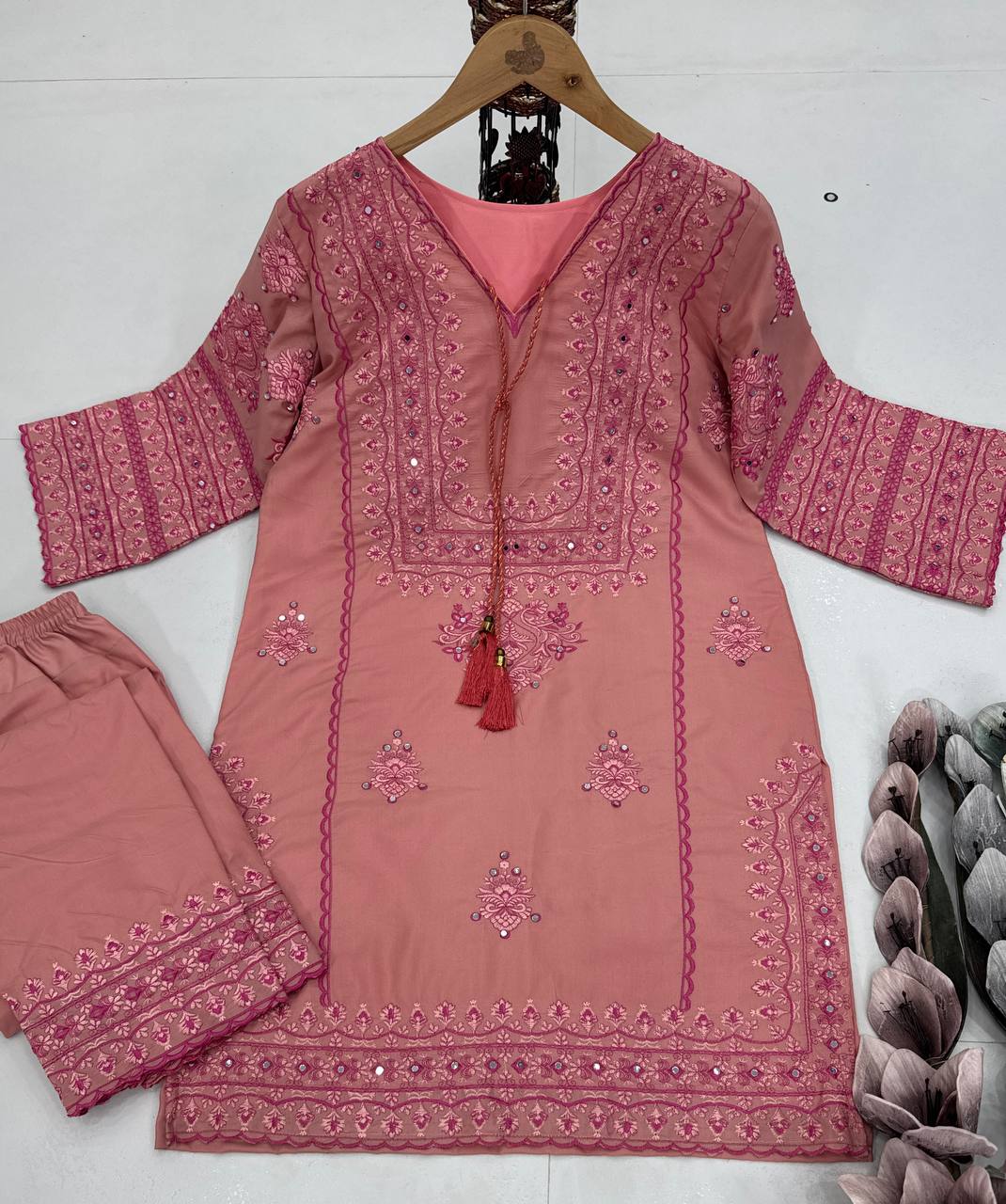 Fancy Baby Pink Color Heavy Cotton Heavy Embroidery Work With Hand Work Co-ord Palazzo Suit
