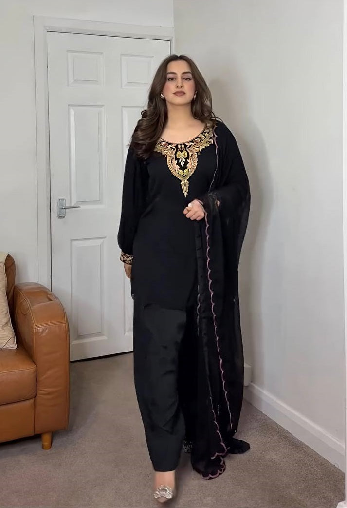 Wedding Wear Black Color Natural Satin Silk With Embroidery Sequence Work Palazzo Suit