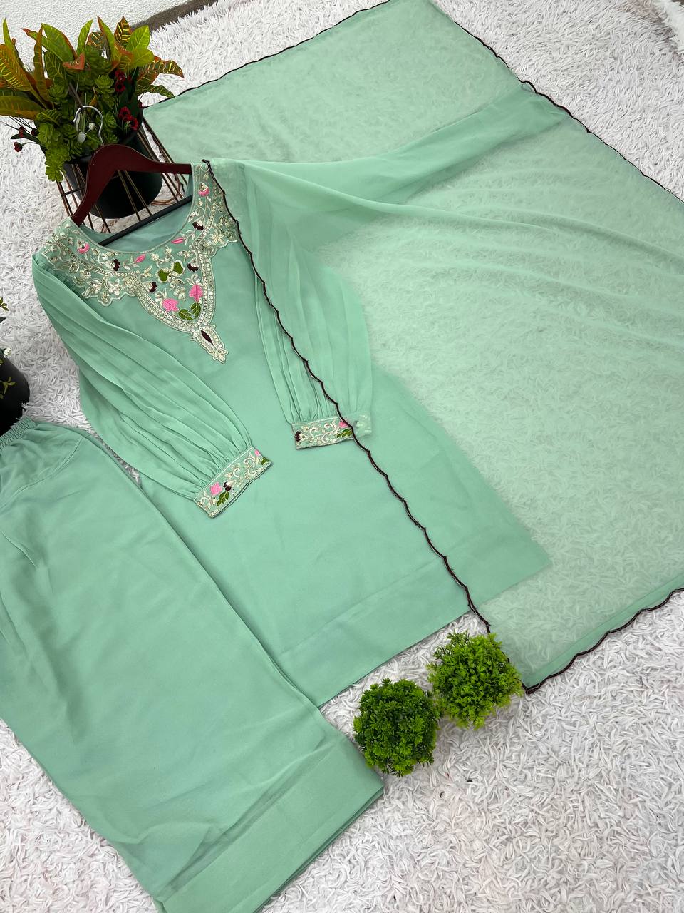 Ceremony Wear Sky Green Color Natural Satin Silk With Embroidery Sequence Work Palazzo Suit