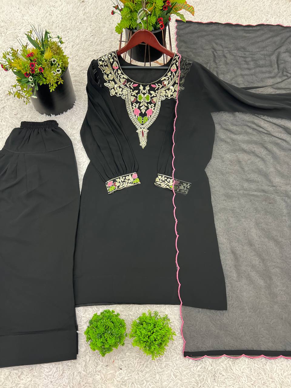 Wedding Wear Black Color Natural Satin Silk With Embroidery Sequence Work Palazzo Suit