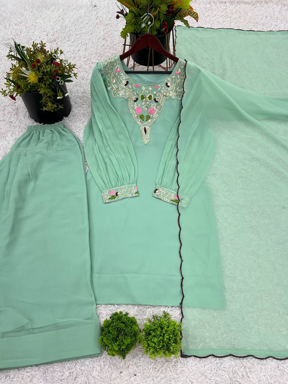 Ceremony Wear Sky Green Color Natural Satin Silk With Embroidery Sequence Work Palazzo Suit
