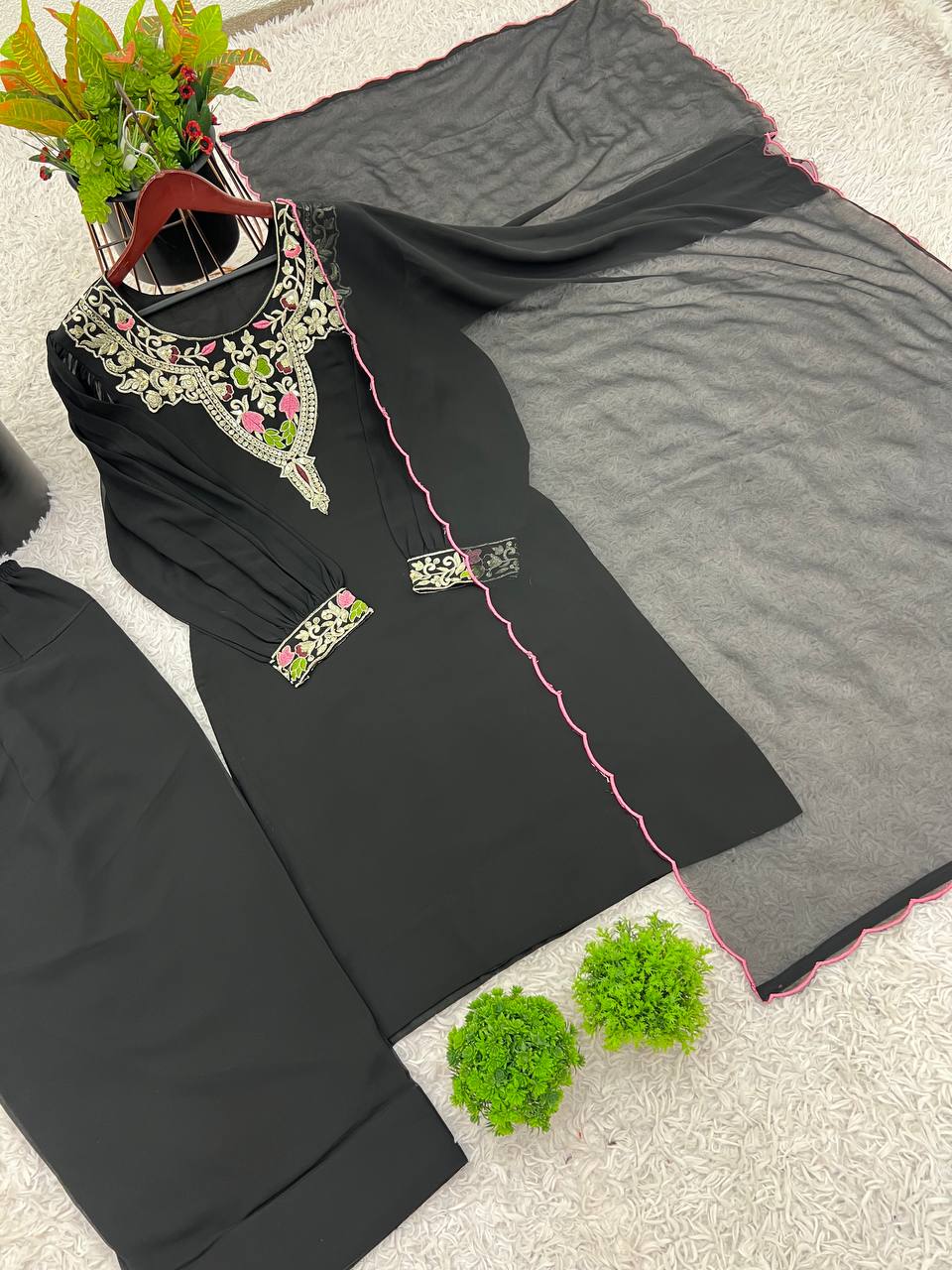 Wedding Wear Black Color Natural Satin Silk With Embroidery Sequence Work Palazzo Suit