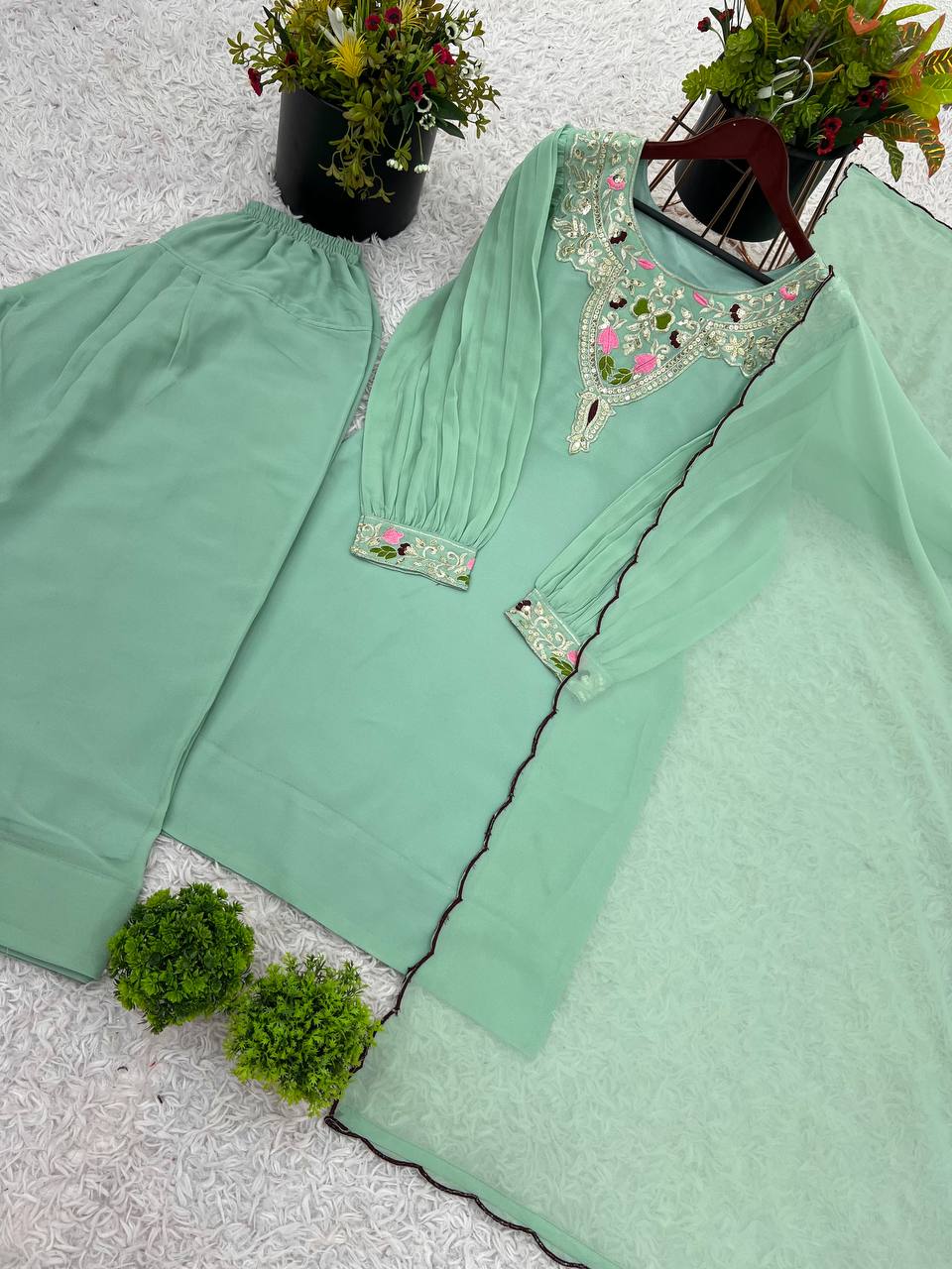 Ceremony Wear Sky Green Color Natural Satin Silk With Embroidery Sequence Work Palazzo Suit
