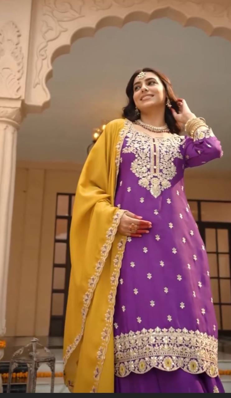 Function Wear Purple Color Vichitra Silk Heavy Embroidery Thread Work Palazzo Suit