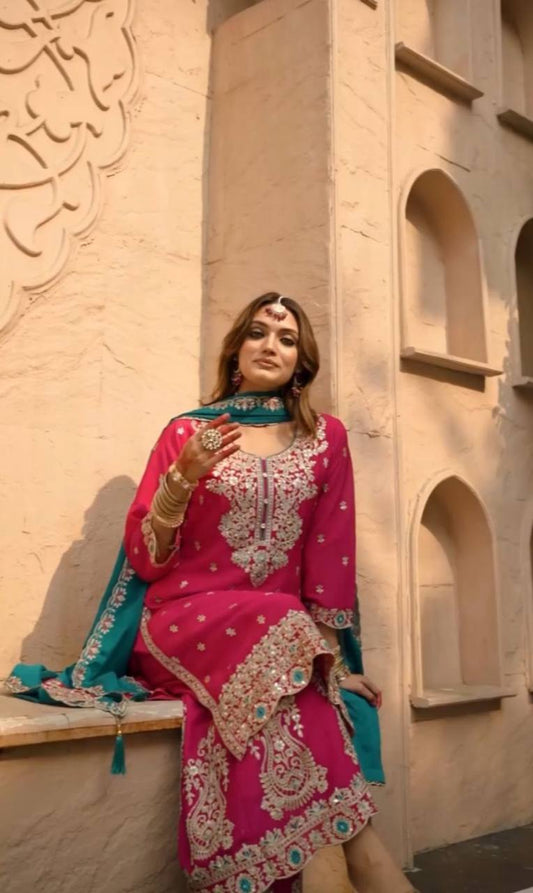 Function Wear Maroon Color Vichitra Silk Heavy Embroidery Thread Work Palazzo Suit