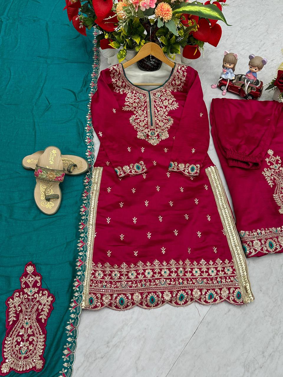 Function Wear Maroon Color Vichitra Silk Heavy Embroidery Thread Work Palazzo Suit