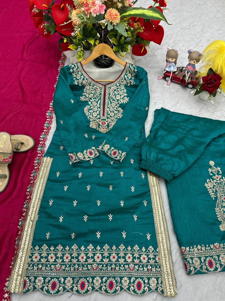 Ceremony Wear Teal Green Color Vichitra Silk Heavy Embroidery Thread Work Palazzo Suit