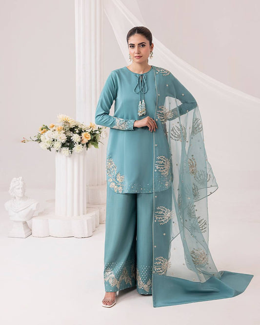 Stunning Sky Blue Color Pure Natural Crepe With Embroidery Work Palazzo Suit