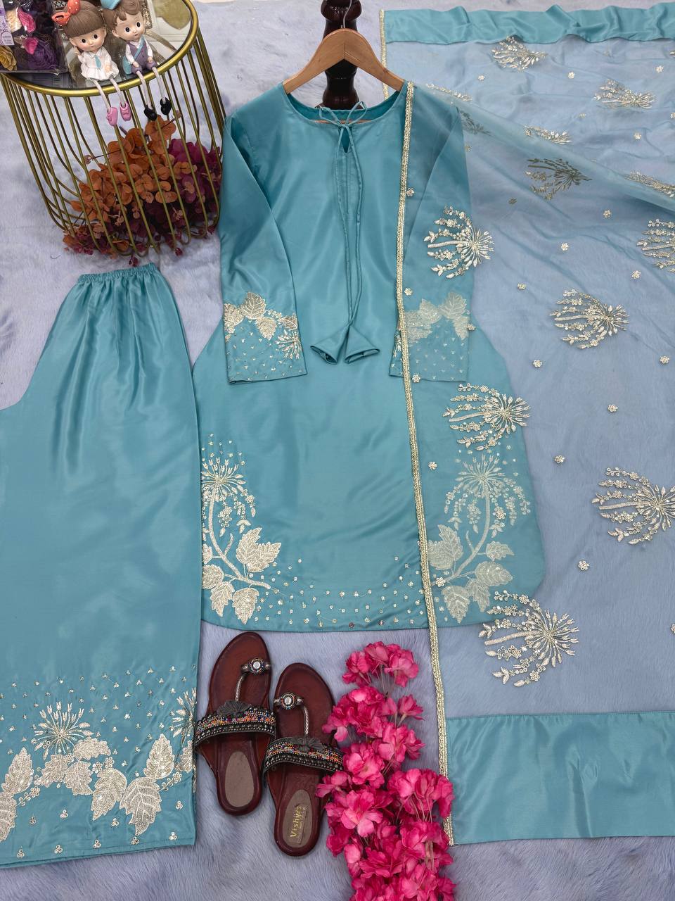 Stunning Sky Blue Color Pure Natural Crepe With Embroidery Work Palazzo Suit