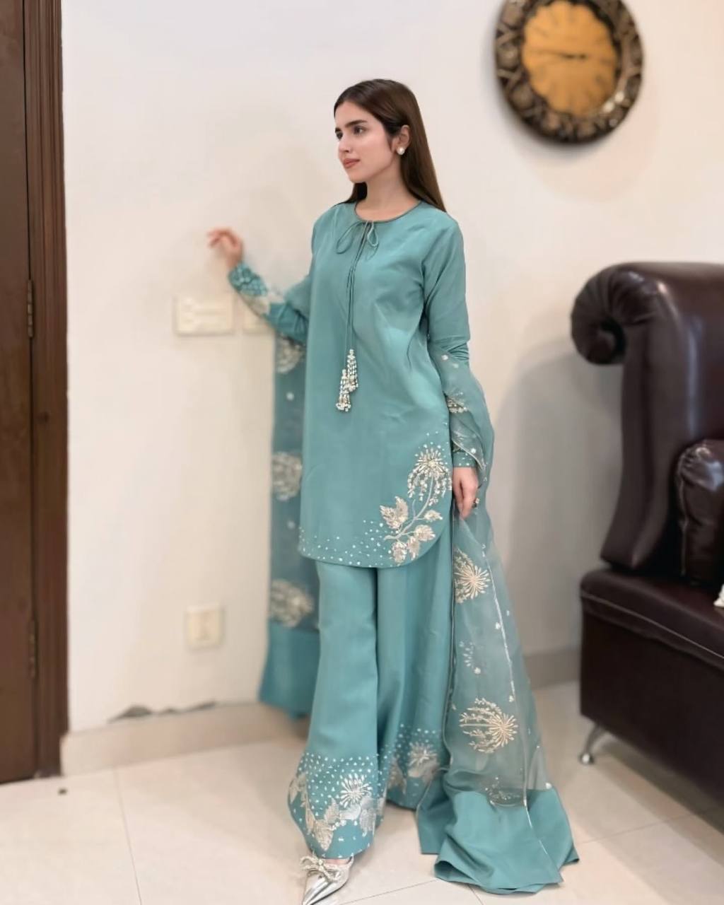 Bollywood Style Sky Blue Color Pure Natural Crep Silk With Embroidery Sequence Work Palazzo Suit