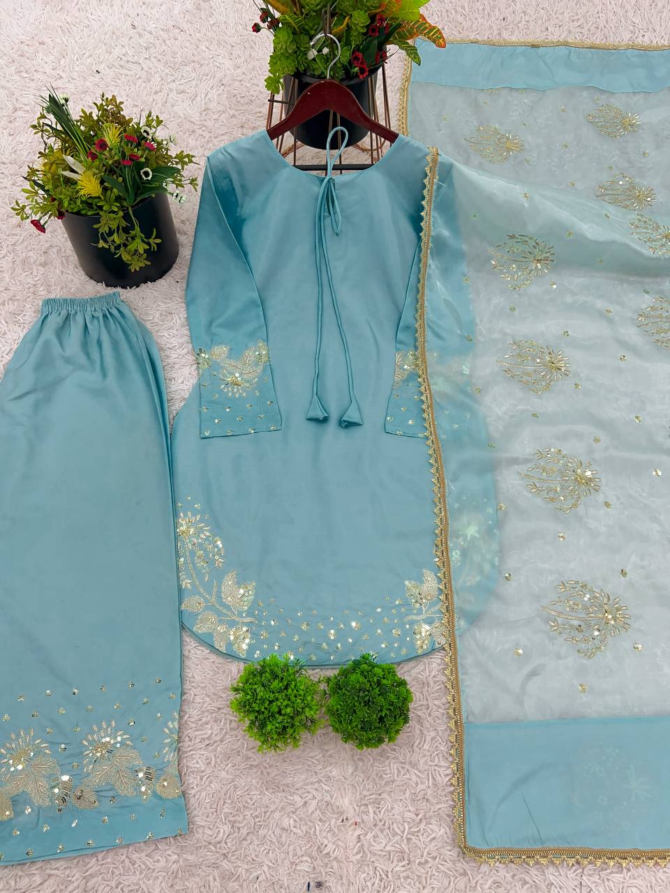 Bollywood Style Sky Blue Color Pure Natural Crep Silk With Embroidery Sequence Work Palazzo Suit