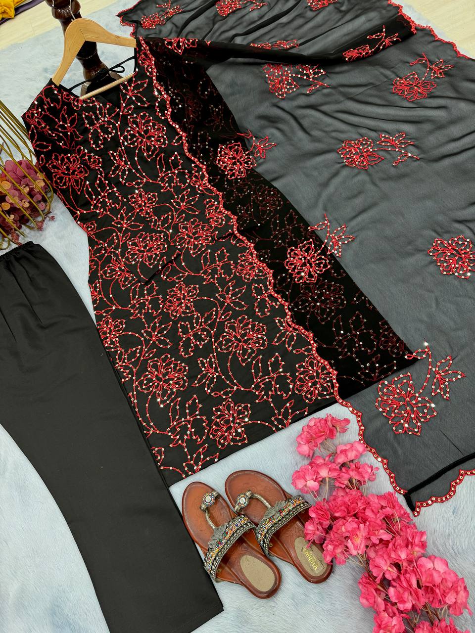 Admiring Black Color Pure Roman Silk With Embroidery Sequence Work Salwar Suit
