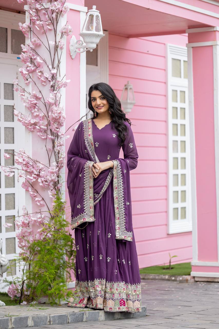 Party Wear Purple Color Faux Georgette With Full Heavy Embroidery Sequence Work Gown