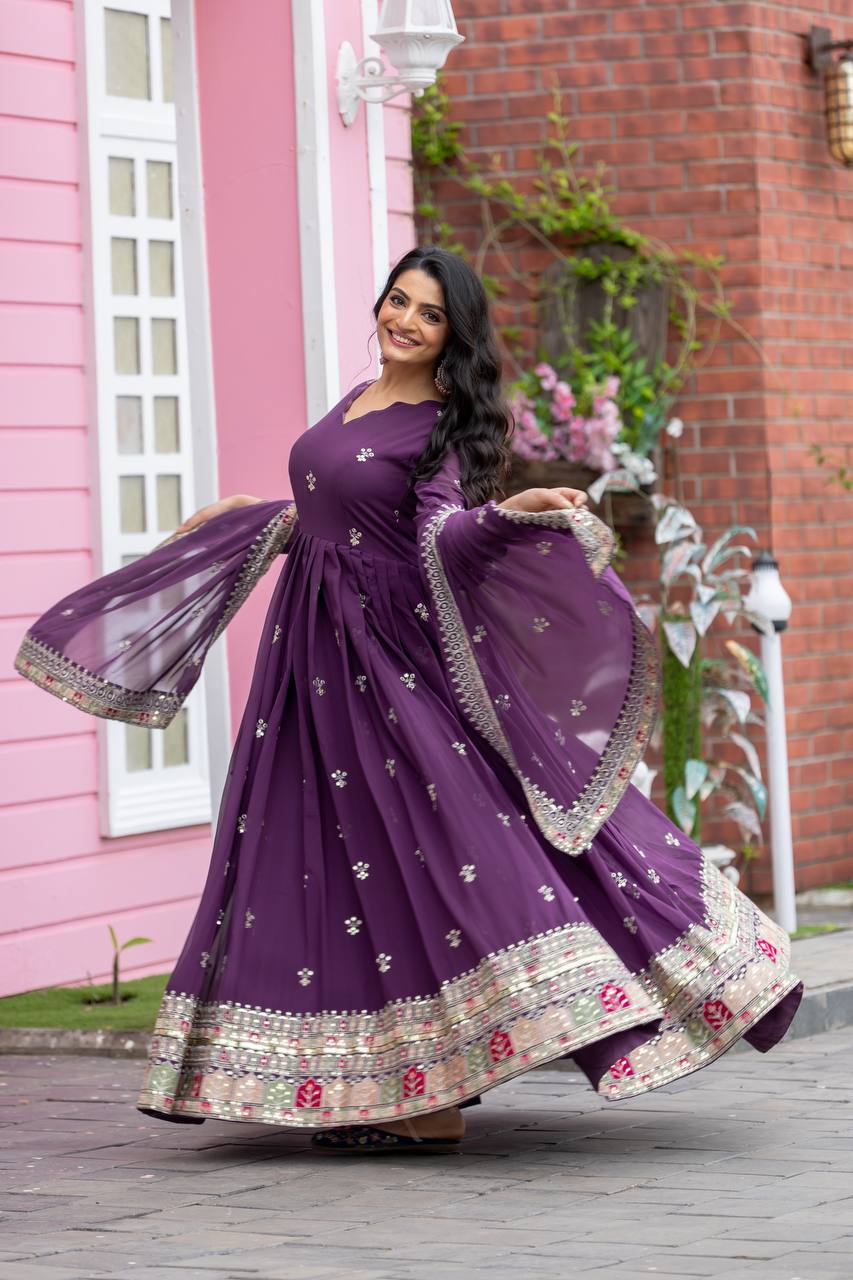 Party Wear Purple Color Faux Georgette With Full Heavy Embroidery Sequence Work Gown