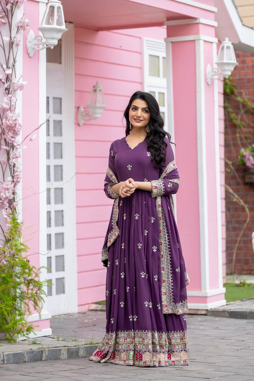 Party Wear Purple Color Faux Georgette With Full Heavy Embroidery Sequence Work Gown