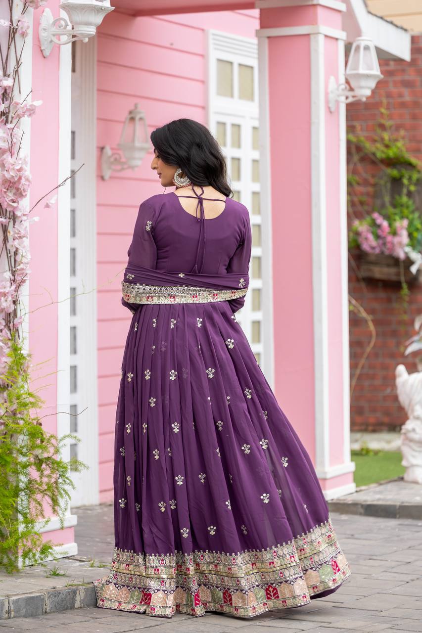 Party Wear Purple Color Faux Georgette With Full Heavy Embroidery Sequence Work Gown