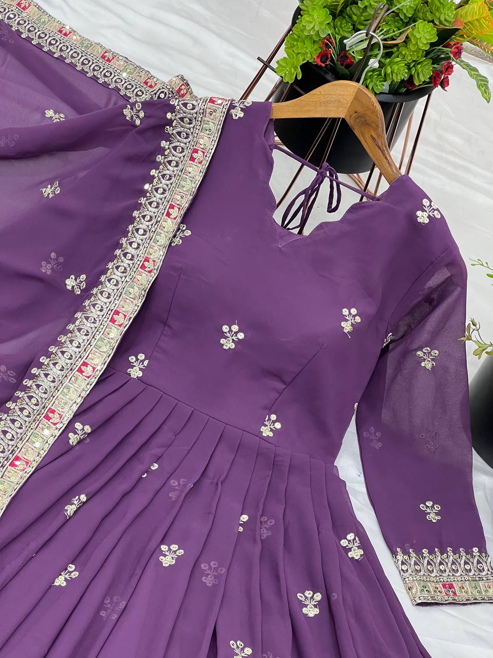 Party Wear Purple Color Faux Georgette With Full Heavy Embroidery Sequence Work Gown