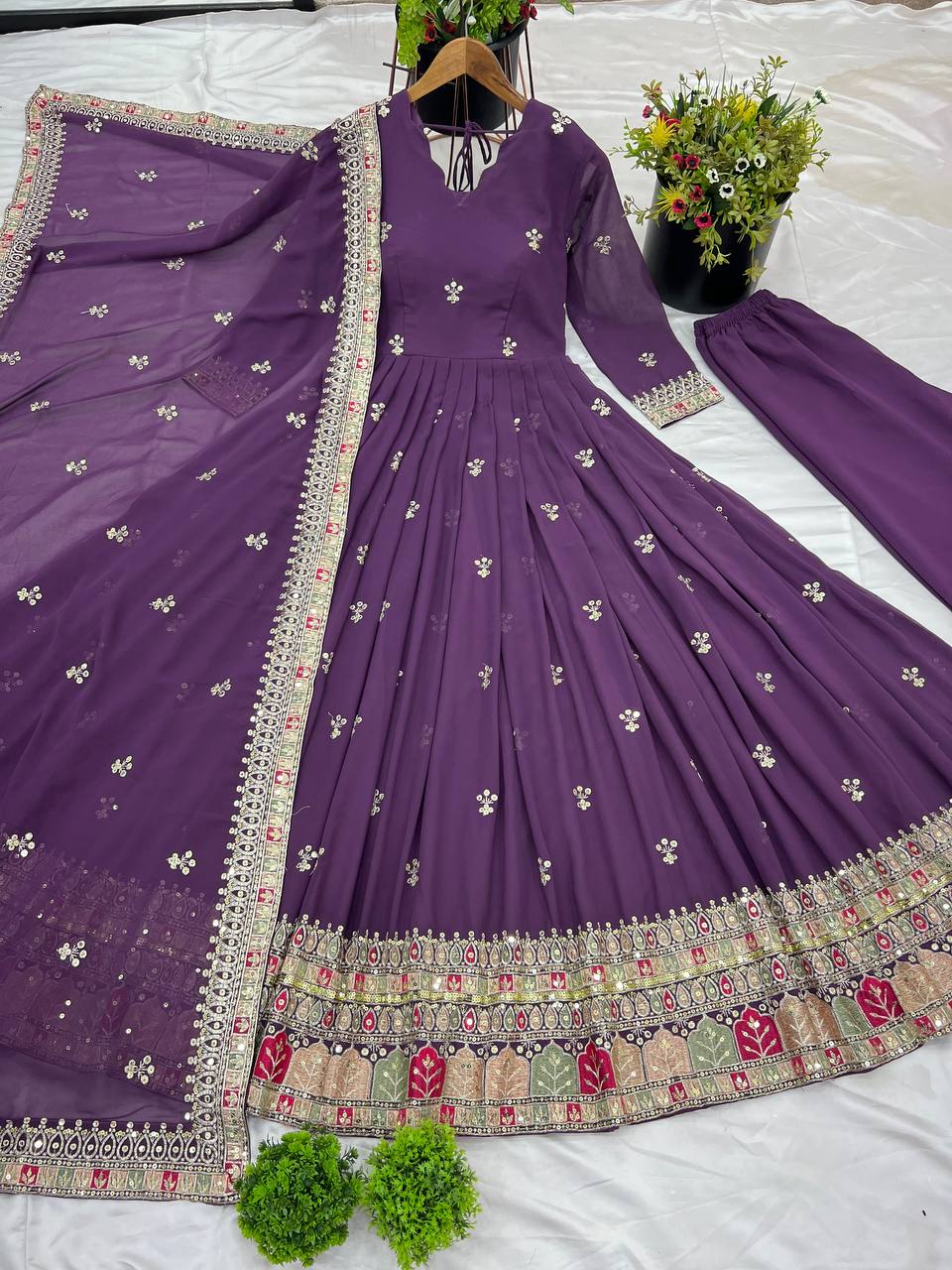 Party Wear Purple Color Faux Georgette With Full Heavy Embroidery Sequence Work Gown