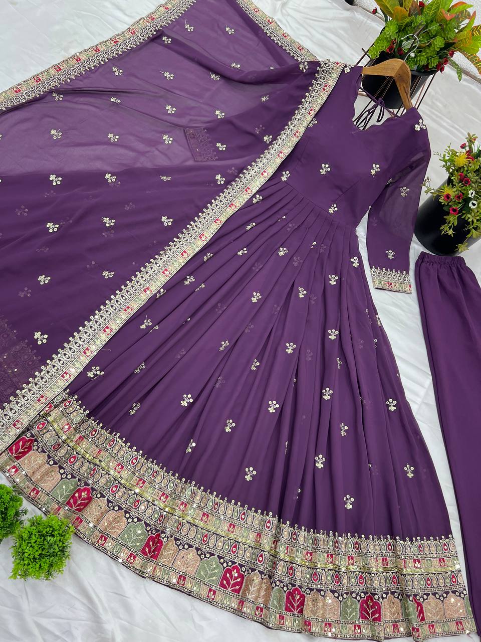 Party Wear Purple Color Faux Georgette With Full Heavy Embroidery Sequence Work Gown