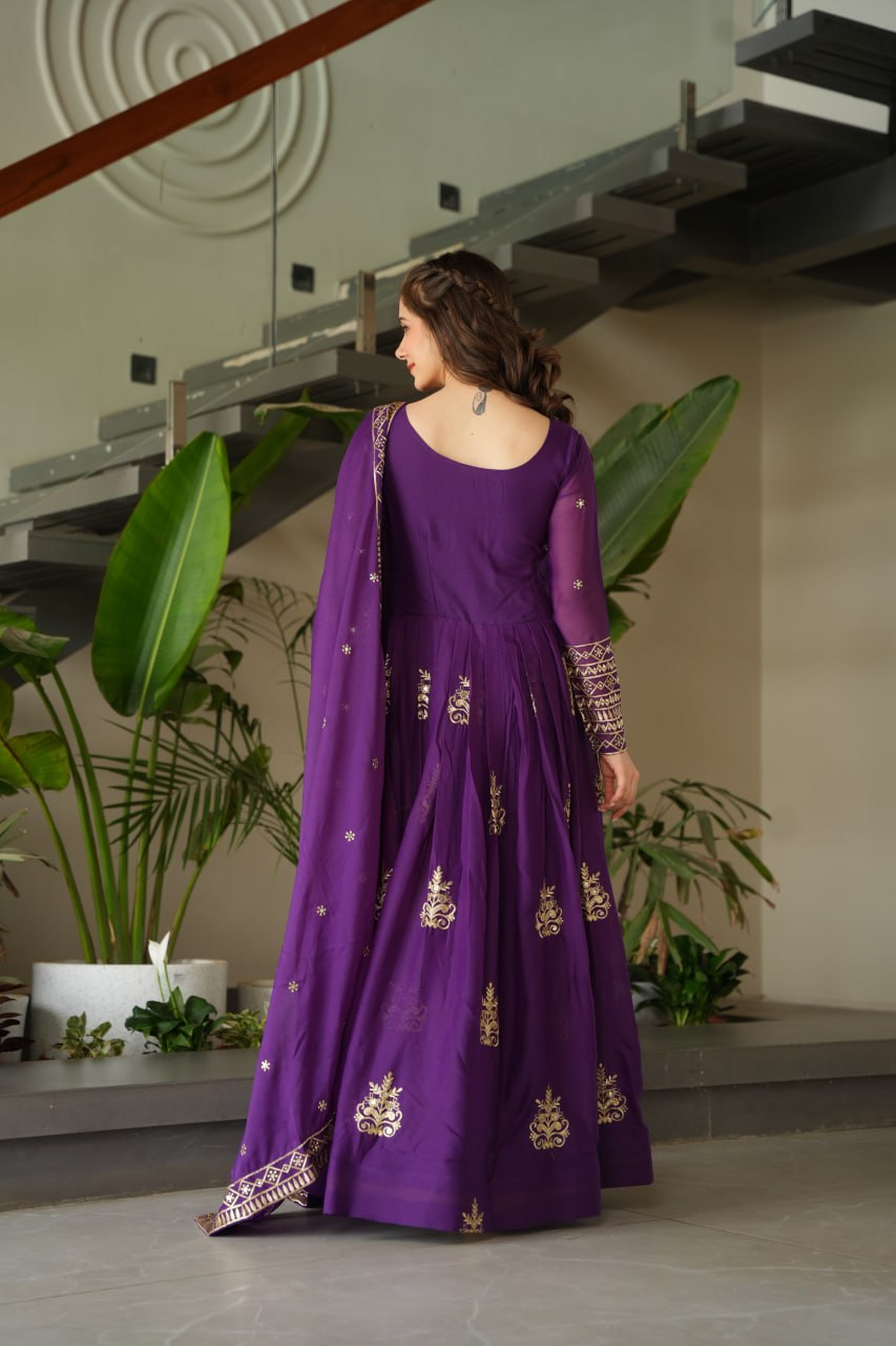 Party Wear Purple Color Sequins-Multi And Beads Embroidered Work Gown