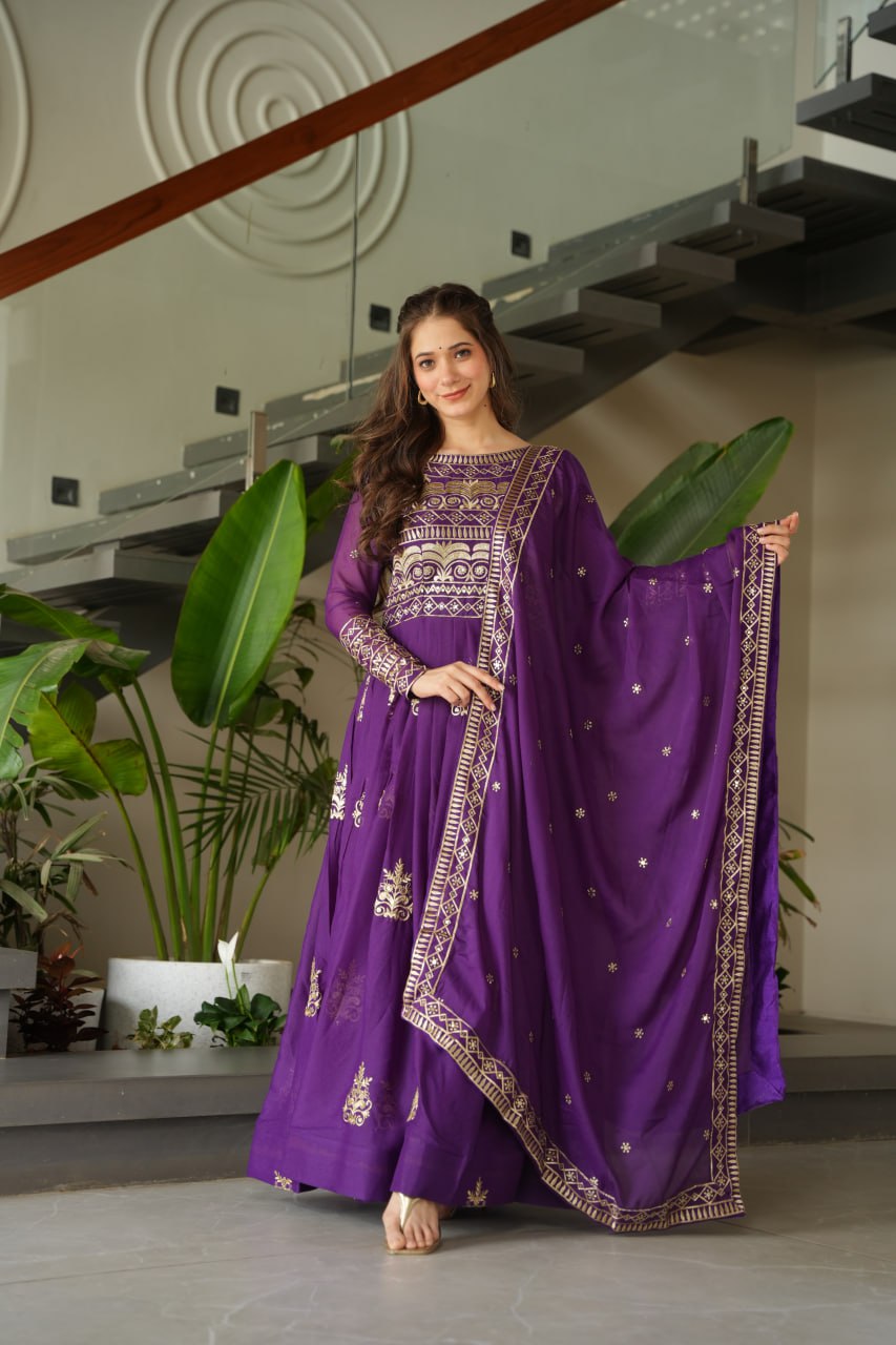 Party Wear Purple Color Sequins-Multi And Beads Embroidered Work Gown