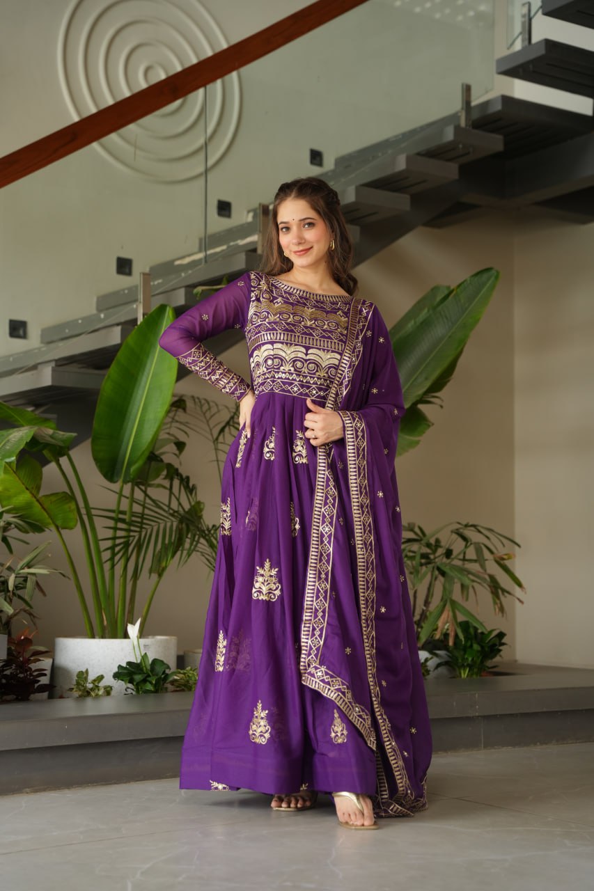 Party Wear Purple Color Sequins-Multi And Beads Embroidered Work Gown