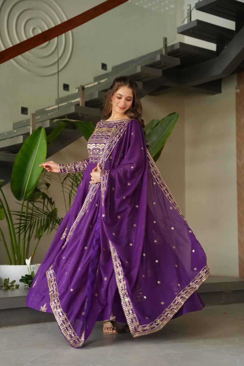 Party Wear Purple Color Sequins-Multi And Beads Embroidered Work Gown