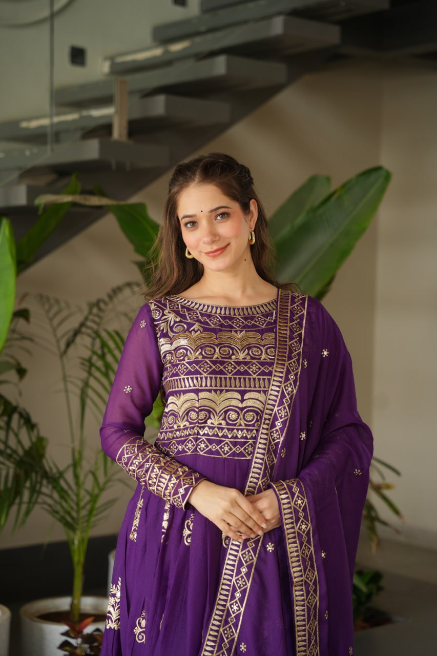 Party Wear Purple Color Sequins-Multi And Beads Embroidered Work Gown