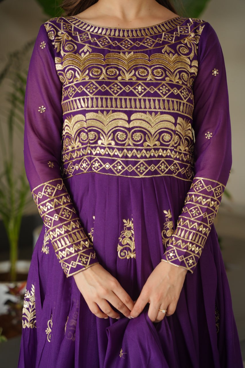 Party Wear Purple Color Sequins-Multi And Beads Embroidered Work Gown