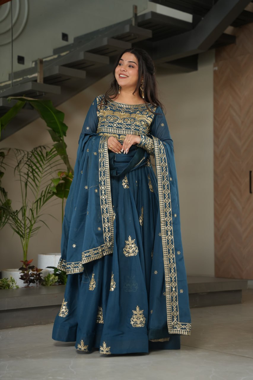 Party Wear Teal Color Sequins-Multi And Beads Embroidered Work Gown