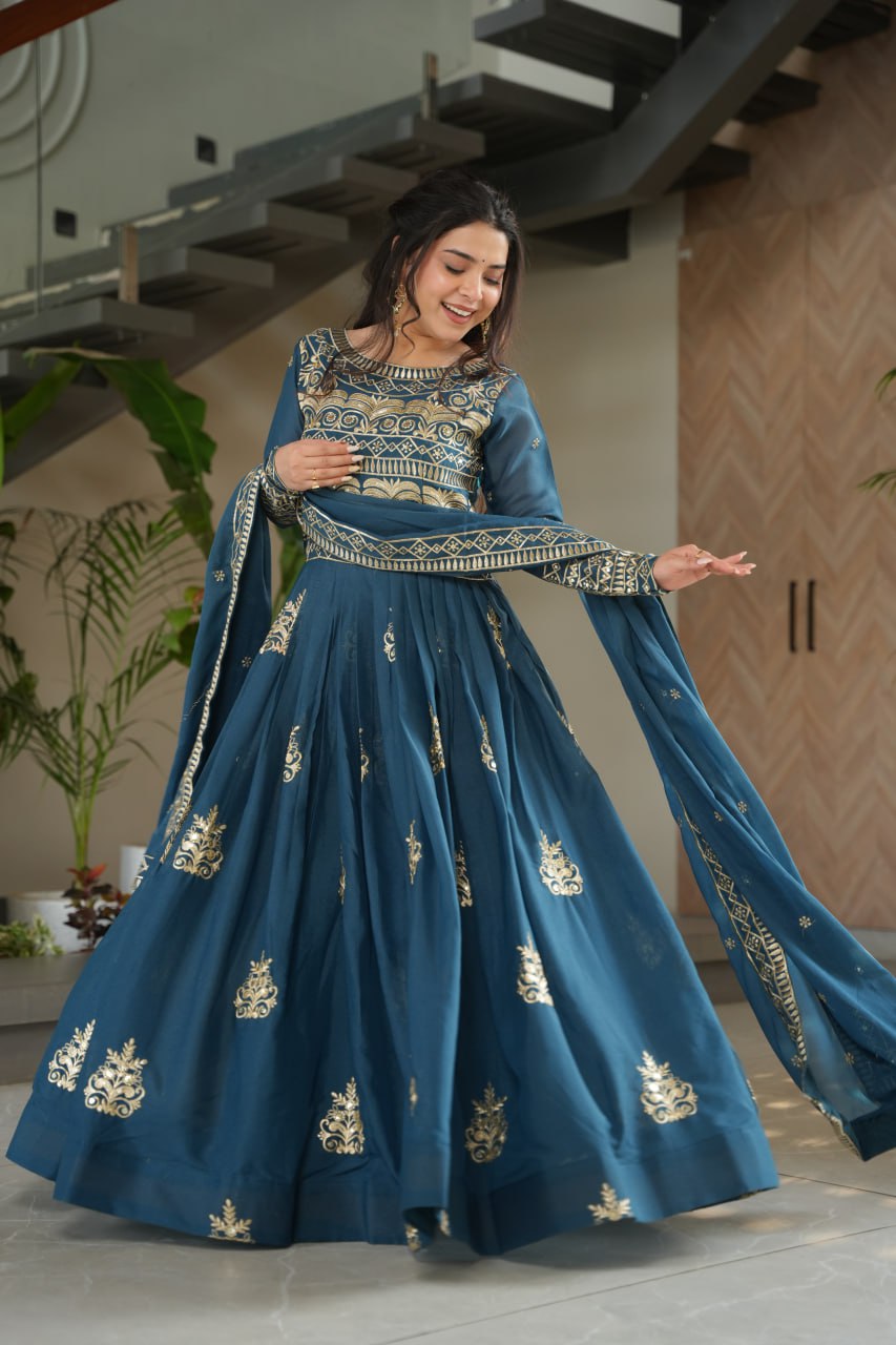Party Wear Teal Color Sequins-Multi And Beads Embroidered Work Gown