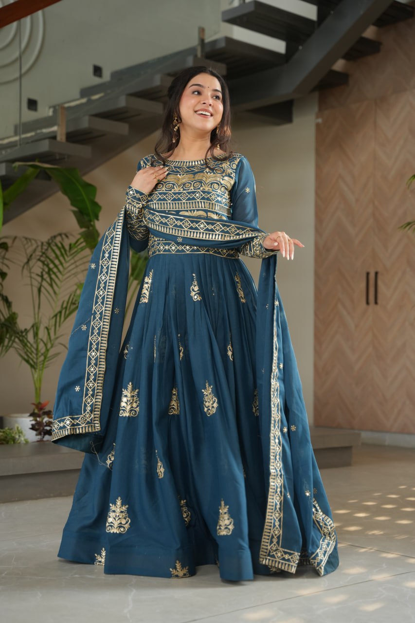 Party Wear Teal Color Sequins-Multi And Beads Embroidered Work Gown