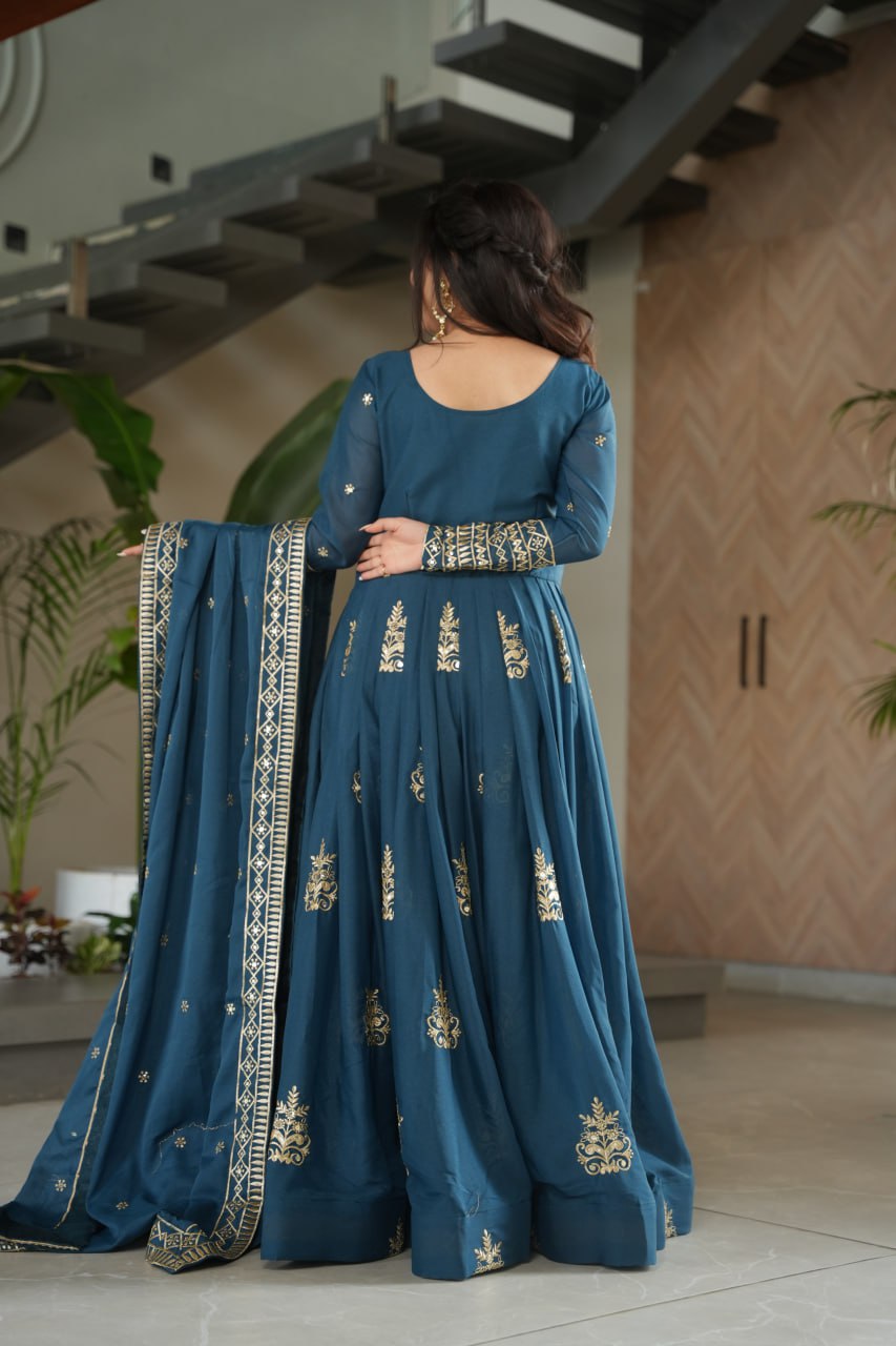 Party Wear Teal Color Sequins-Multi And Beads Embroidered Work Gown