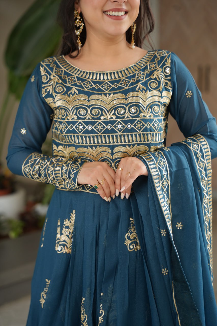 Party Wear Teal Color Sequins-Multi And Beads Embroidered Work Gown