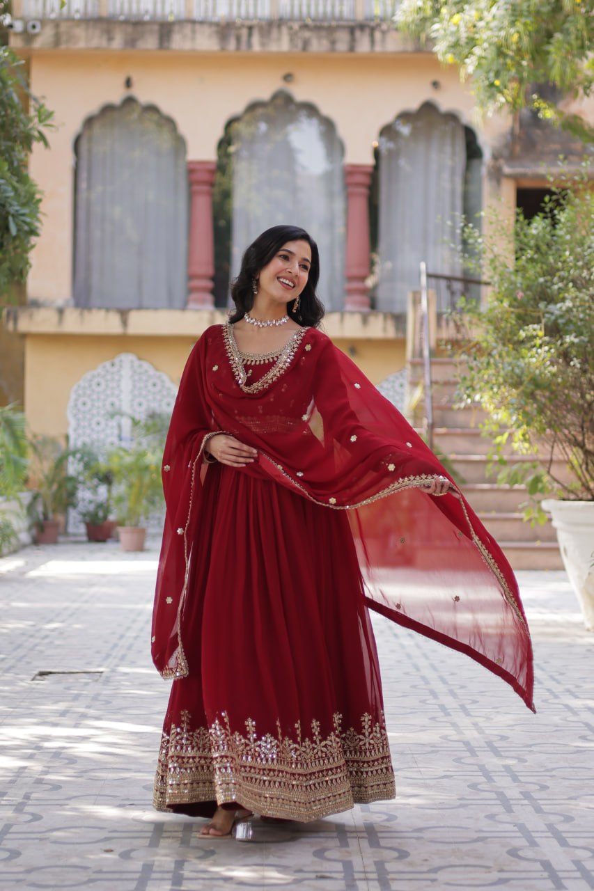 Graceful Maroon Color Faux Blooming With Embroidery Zari Sequins Work Designer Gown