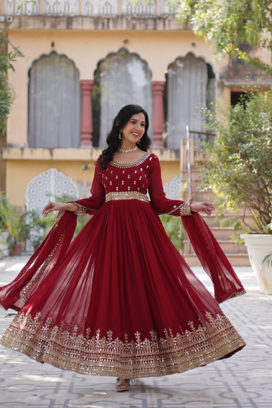 Graceful Maroon Color Faux Blooming With Embroidery Zari Sequins Work Designer Gown