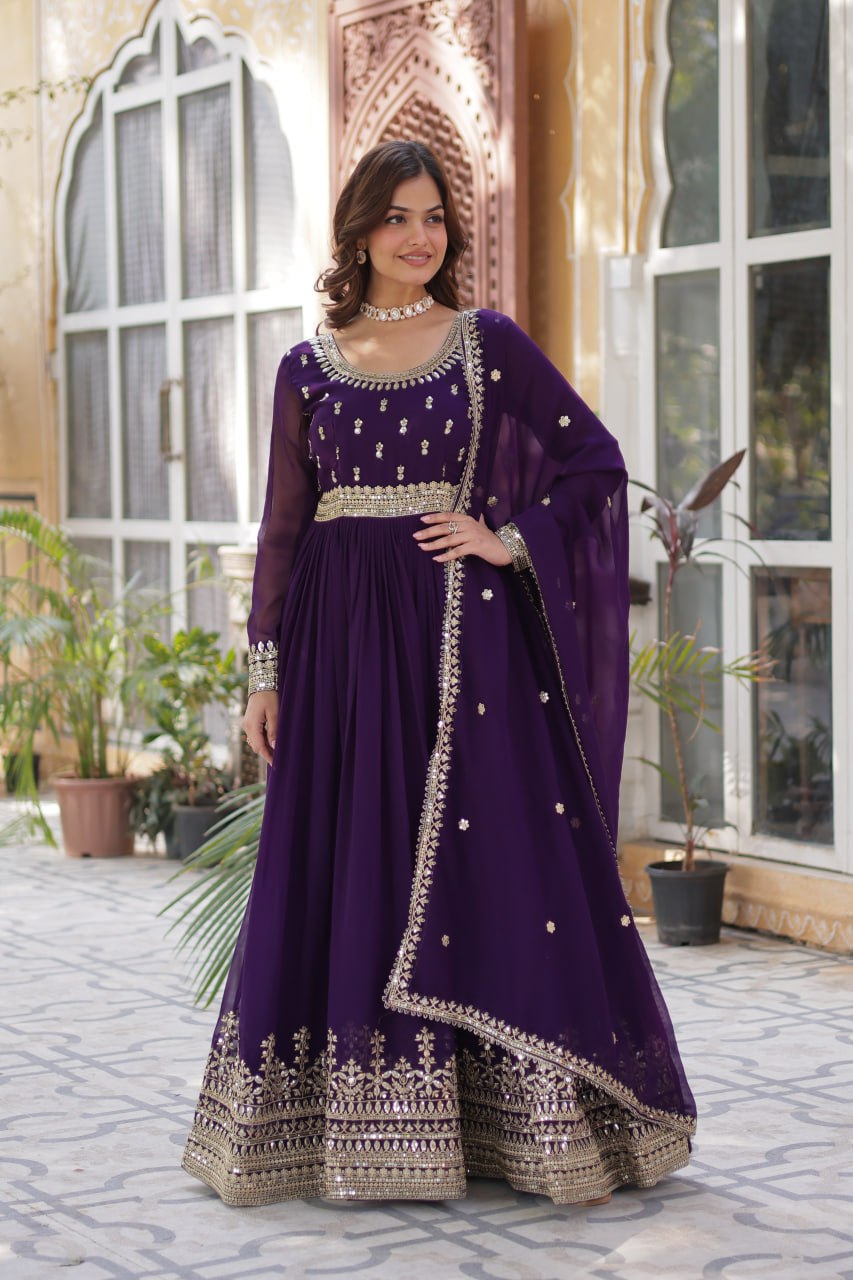 Graceful Purple Color Faux Blooming With Embroidery Zari Sequins Work Designer Gown